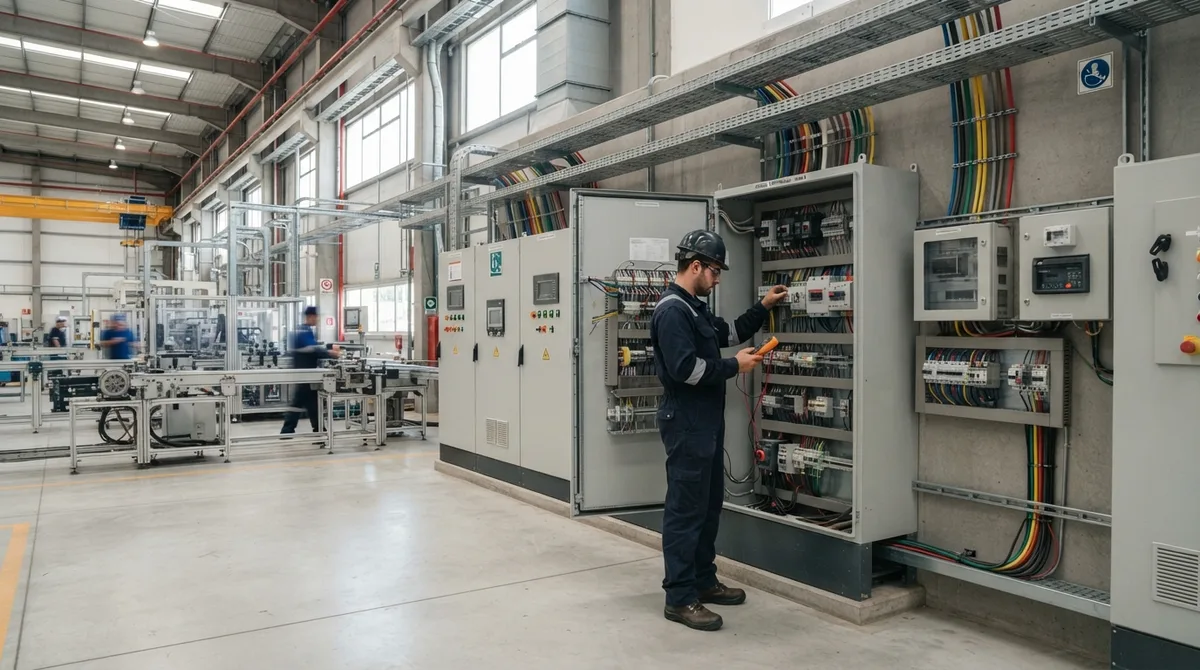Técnico inspecionando painéis elétricos em uma fábrica moderna