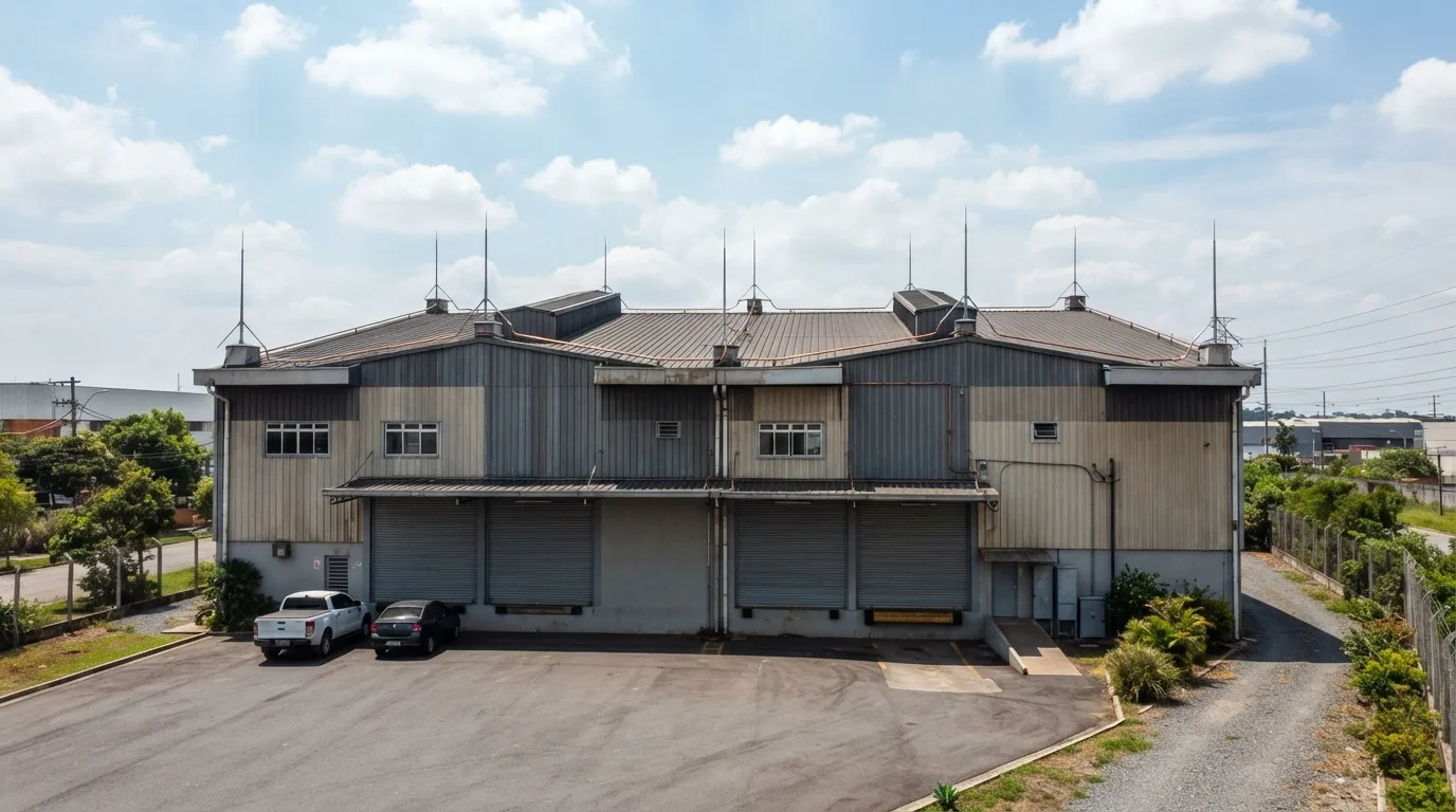 Fachada de galpão industrial com captores de para-raios visíveis no telhado sob luz natural