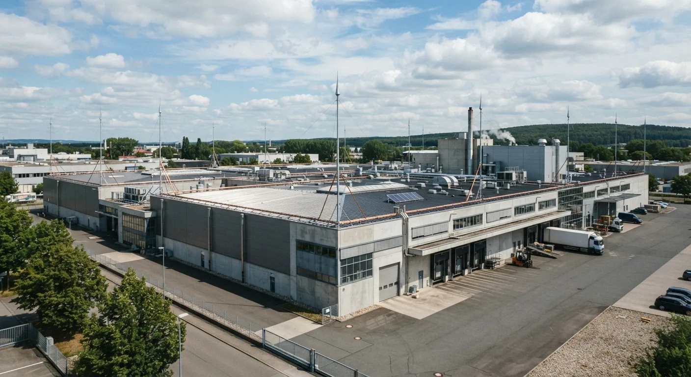 Prédio industrial com para-raios instalados no telhado, visto de ângulo amplo