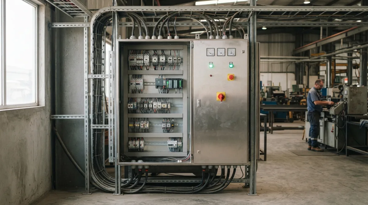 Painel elétrico industrial moderno com equipamentos em operação sob iluminação natural suave