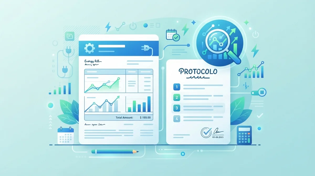 Ilustração de fatura de energia com documento de protocolo e ícone de análise