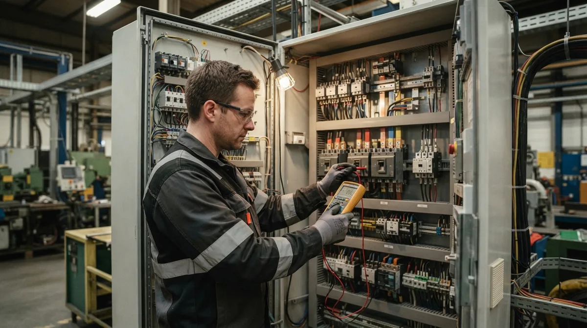 Técnico verificando medições em quadro de distribuição elétrica industrial
