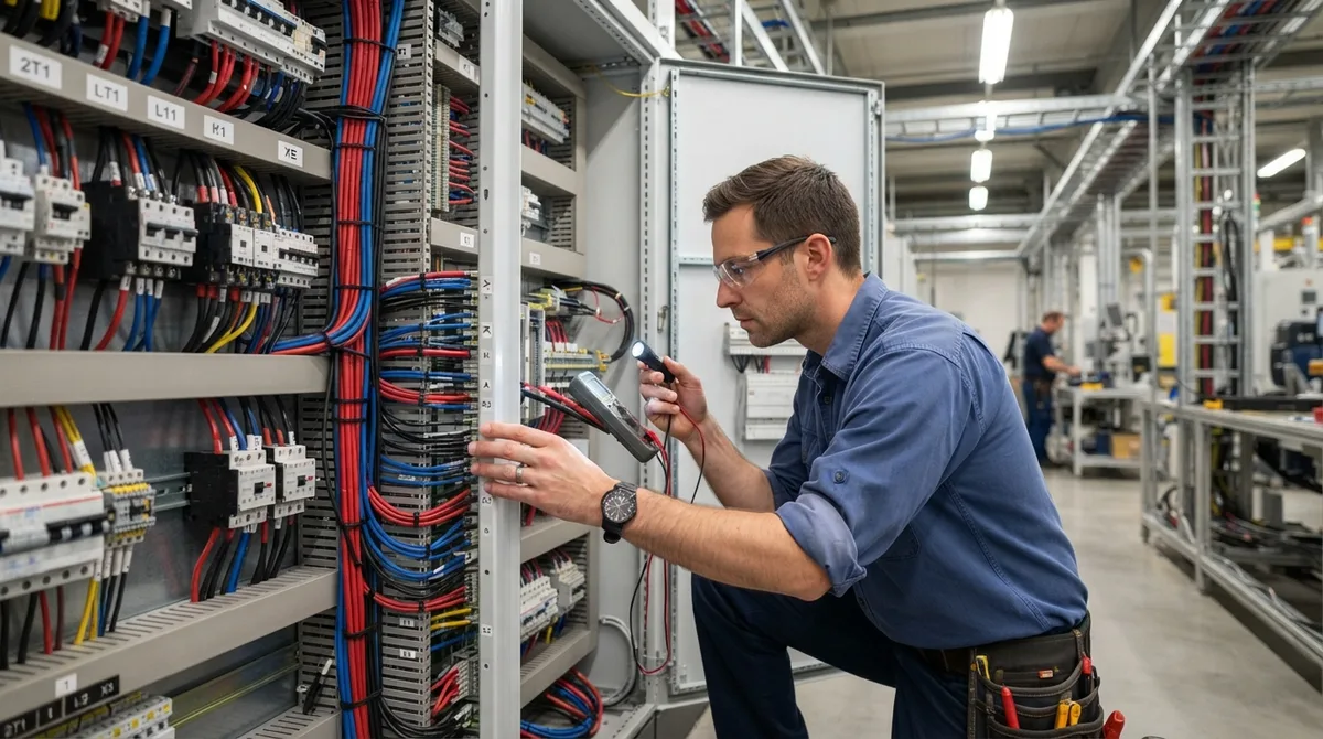 Técnico de engenharia elétrica inspecionando cabos organizados em quadro de distribuição industrial